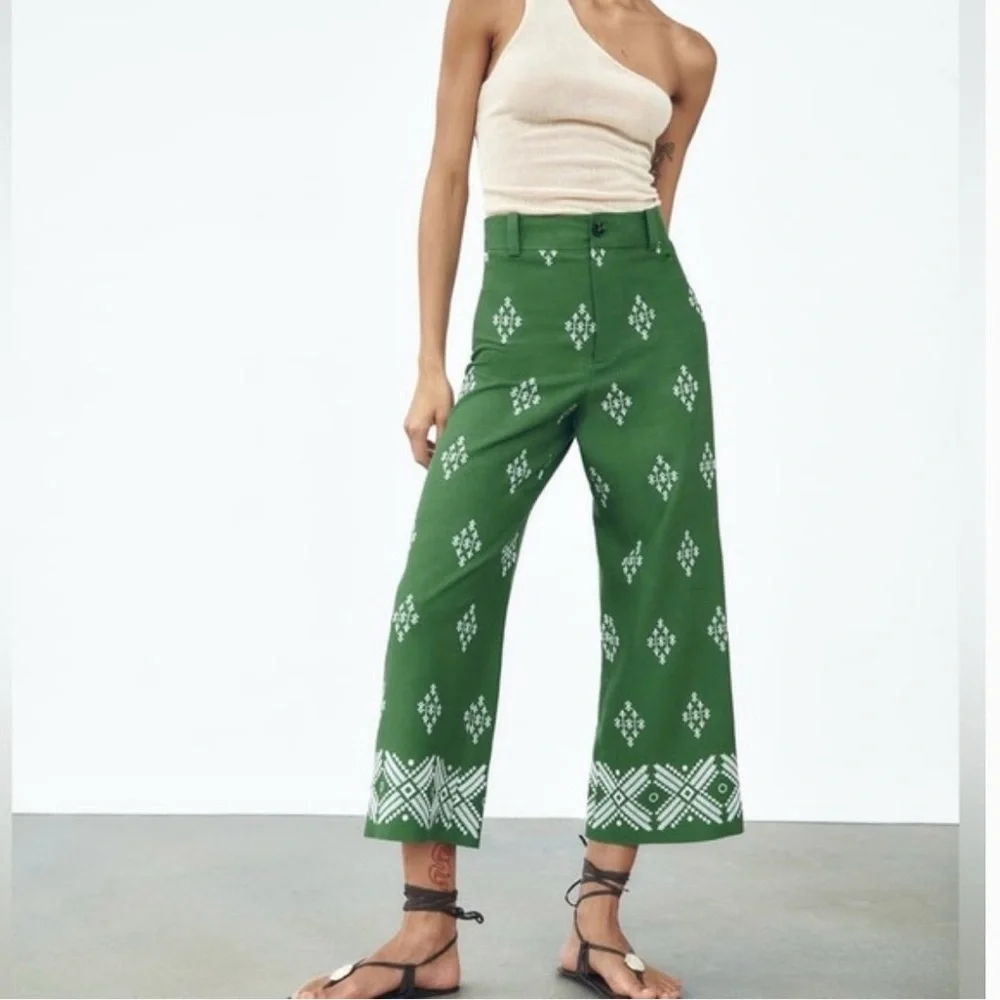 Zara Embroidered Linen Cropped Wide Leg Trousers Sz S Resortwear Beachy Green
